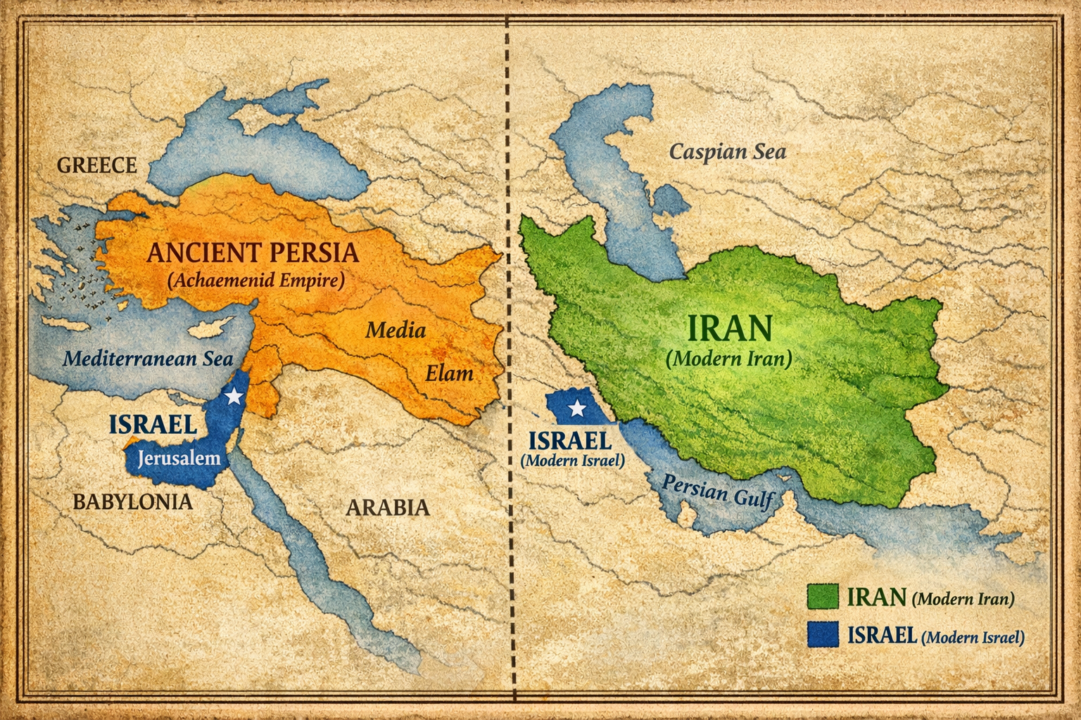 Map comparing ancient Persia and modern Iran, with Israel shown for geographic reference